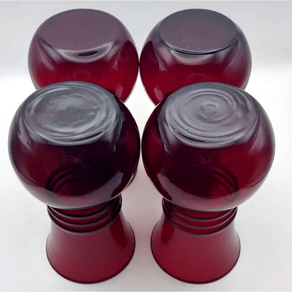 Vintage Anchor Hocking Royal Ruby Red Glass Ribbed Ball Vases Set Of 4 MCM - Picture 4 of 6